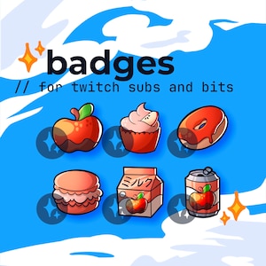 May include: Six colorful badges for Twitch subscribers and viewers. The badges feature a red apple, a cupcake with pink frosting, a donut with chocolate glaze, a macaron, a carton of milk with a red apple, and a can of soda with a red apple.