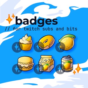 citrus yellow lemon twitch sub badges, fruit bit badges cute, cafe emotes, kawaii twitch base pack, channel points, cozy coffee cafe