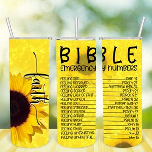 20 oz Skinny Tumbler Sunflower Bible Emergency Numbers, Sunflower Tumbler wrap