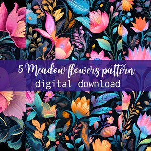 Watercolor Wildflower Meadow Flowers Digital Paper Pink Blue Flowers, Floral Background Digital Download