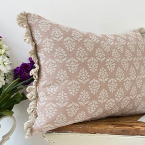 Susie Watson Designs Dusky Pink Sprig & Beech Plain Cotton Oblong Cushion with Fan Edge