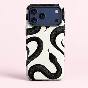 May include: A smartphone case featuring a repeating pattern of black snakes on a cream-coloured background. The case has a dark blue rectangular camera module at the top with three circular lenses and a small flash, showing a sleek design.
