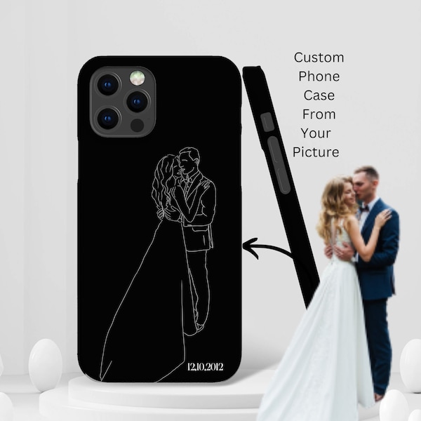 Custom Line Art Picture Phone Case Samsung S22 Ultra S21 S20 S10 S9 10 Pluss Anniversary Gift, Personalized Drawing Couple Outline Christmas