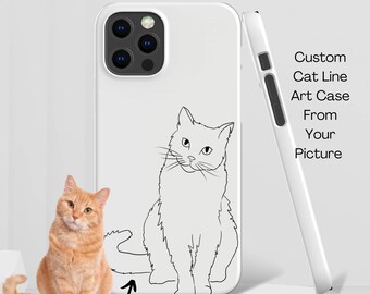 Custom Line Art Picture Cat Pet Phone Case iPhone 14 13 12 11 Pro Max Mini XS XR 8+ 7+, Anniversary Gift, Personalized Drawing Cover, Kitty