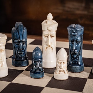 Gothic Head Chess Set: Aged Stone & Blue, original Star Trek series Style, Made to Order (Board Not Included)