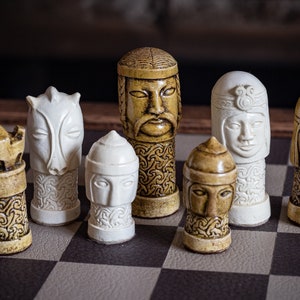 Made to order - Chess set, Celtic design in olive and stone colour. BOARD NOT INCULDED