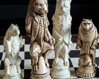 Juego de ajedrez de lujo con figuras de animales, piezas de piedra reconstituida hechas a mano, juego de ajedrez decorativo único, regalo de ajedrez excepcional, envío gratuito al Reino Unido y EE. UU.