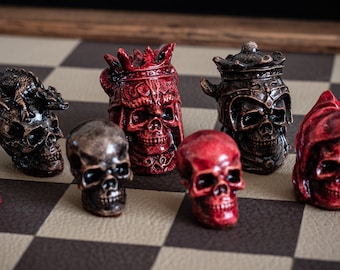 Made to order – Chess set, Skulls design in aged red and ebony colour. BOARD NOT INCULDED