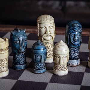 Made to order – Chess set, Celtic design in aged blue and cream colour. BOARD NOT INCULDED