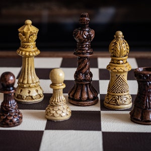 Made to order – Chess set, Ornate Staunton design in aged cream and dark oak. BOARD NOT INCULDED