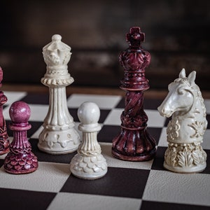 Made to order - Chess set, Ornate Staunton design in stone and aged purple. CHESS SET ONLY