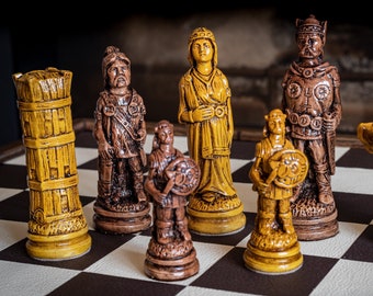 Made to order – Chess set, Viking design in a medium and dark oak colour. BOARD NOT INCULDED