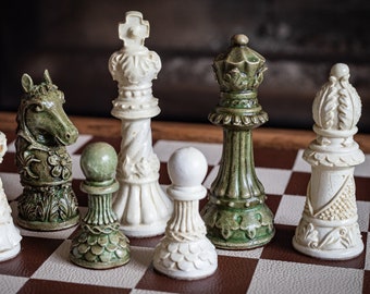 Made to order – Chess set, Ornate Staunton design in Stone and Jade effect. BOARD NOT INCULDED