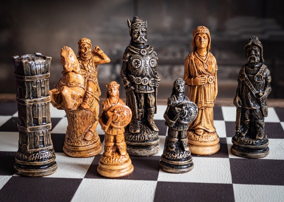 Made to Order Chess Set Viking Design in Black and Mahogany 