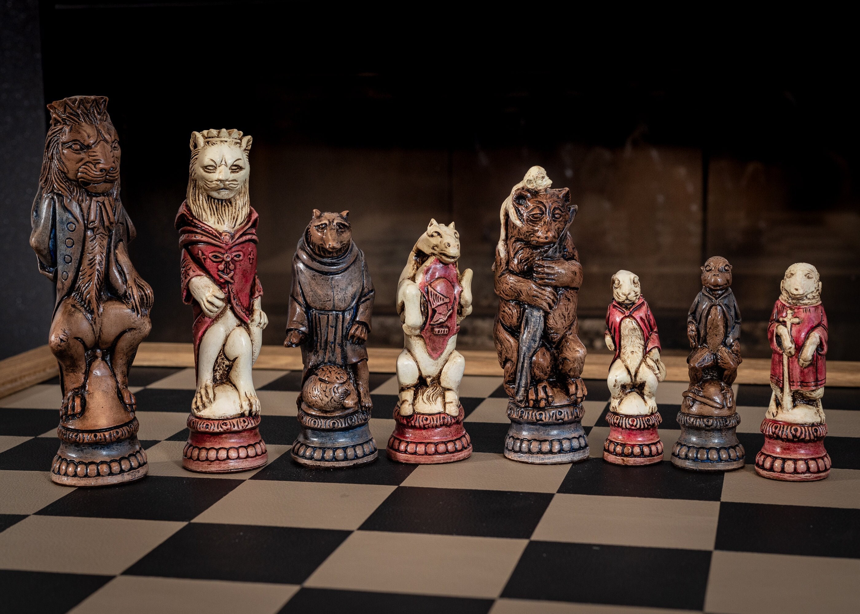 Reynard the Fox Chess Set, Medieval Animal Sculptures, Hand