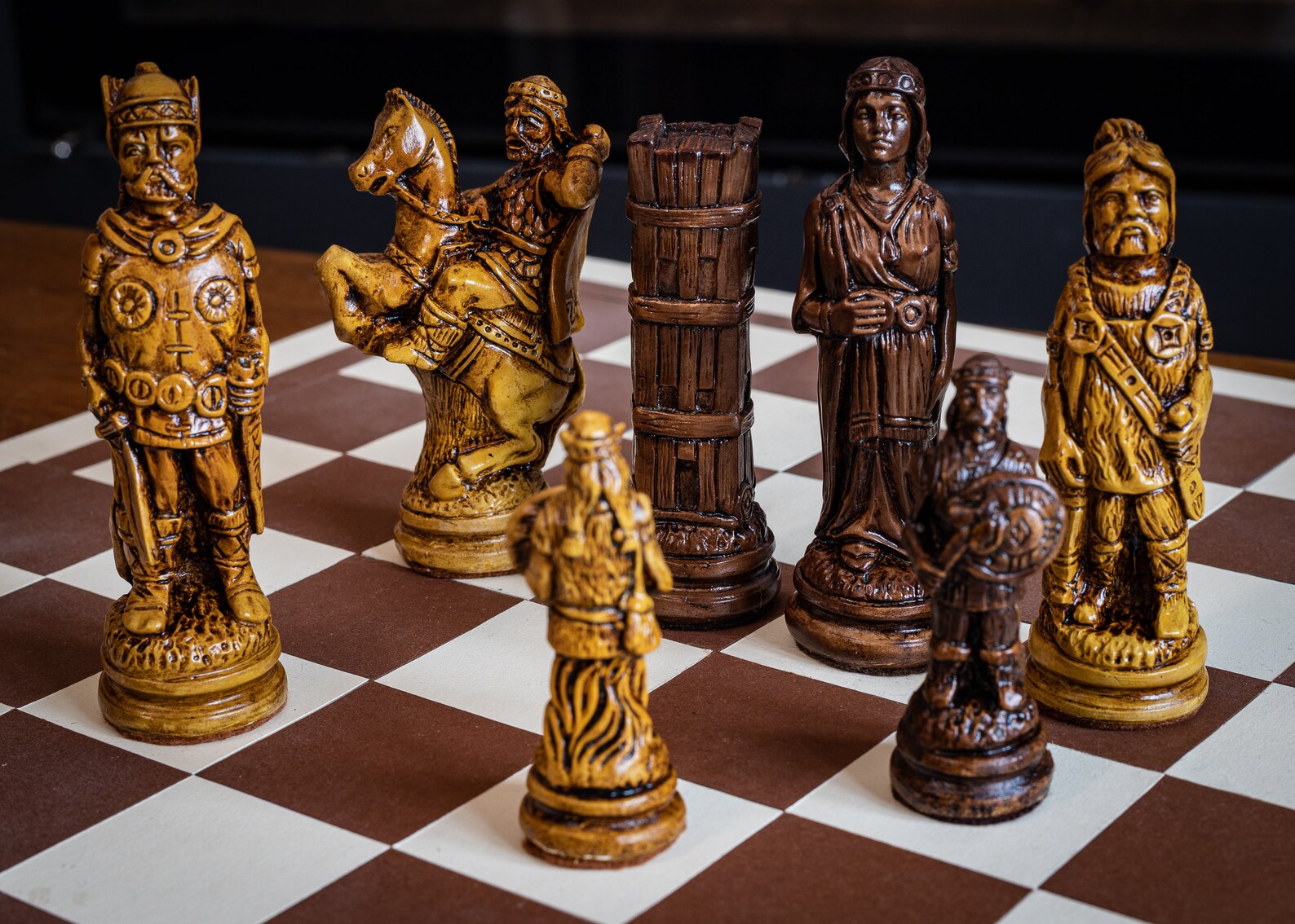 Chess set Viking design in a walnut and oak colour. Etsy