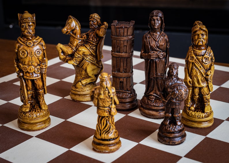 Chess set, Viking design in a walnut and oak colour. image 1