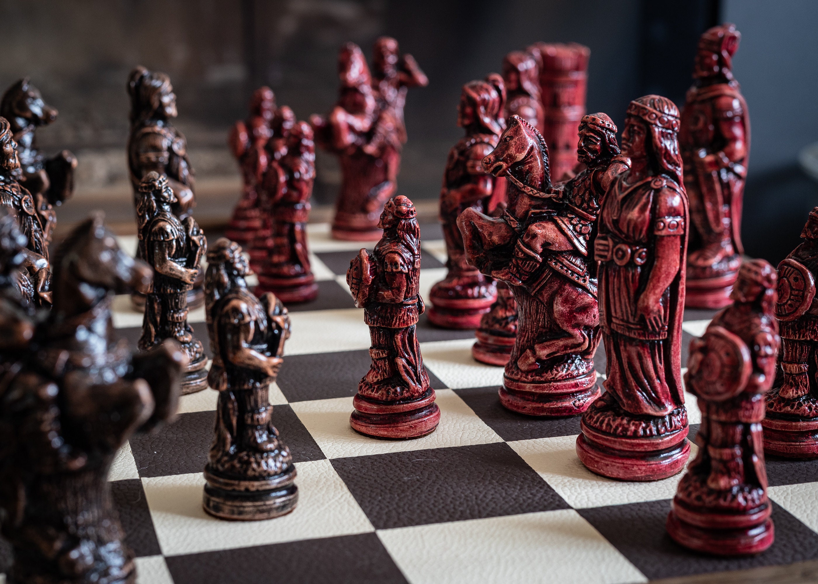 Made to Order Chess Set Viking Design in Black and Mahogany 