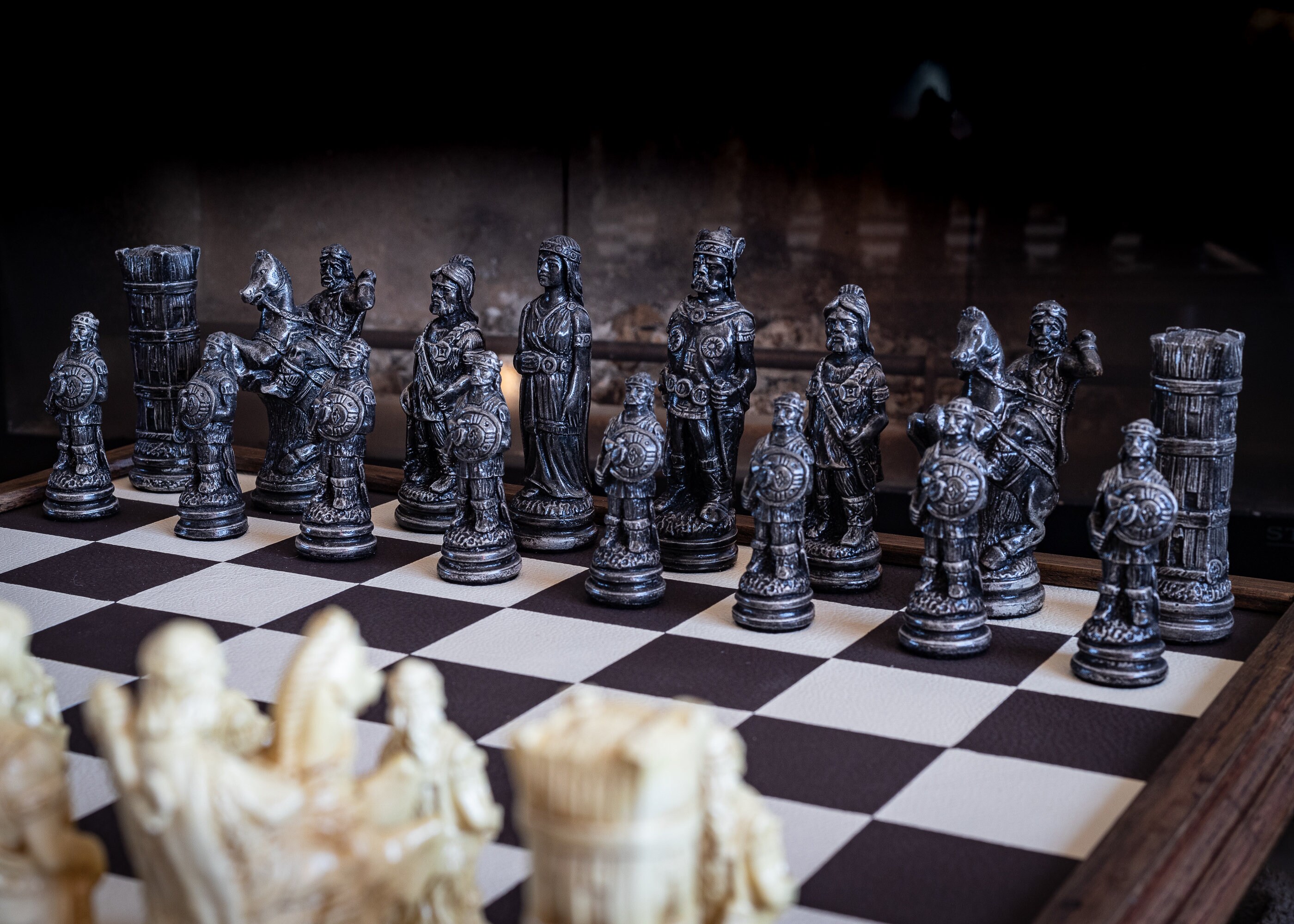 Made to Order Chess Set Viking Design in a Stone and Black. 