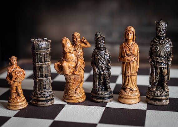 Made to Order Chess Set Viking Design in a Stone and Black. 