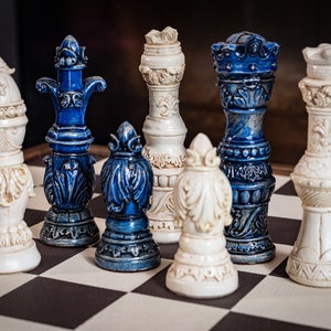 Made to order – Chess set, Ornate Gothic design in blue and aged stone. CHESS SET ONLY