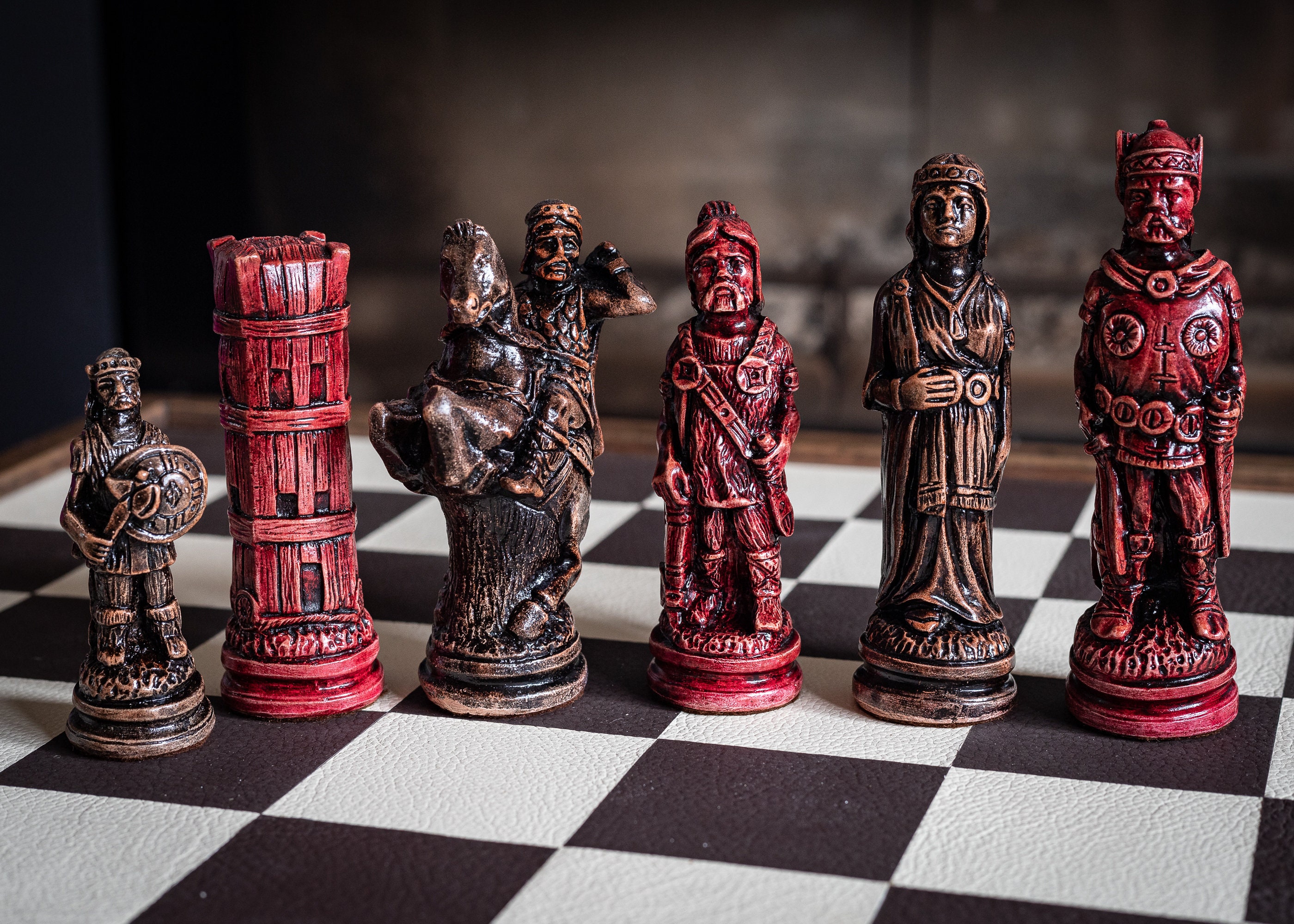 Made to Order Chess Set Viking Design in a Stone and Black. 