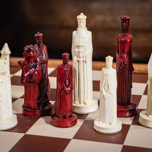 Handmade Gothic Statues Chess Set: Oxblood & Stone, Made to Order (Board Not Included)