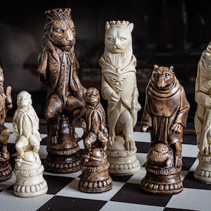 Made to order – Chess set, Reynard the Fox design in a stone and walnut colour. BOARD NOT INCULDED