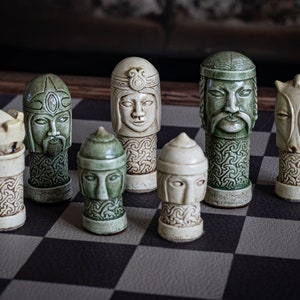 Made to order – Chess set, Celtic design in cream and Jade colour. BOARD NOT INCULDED