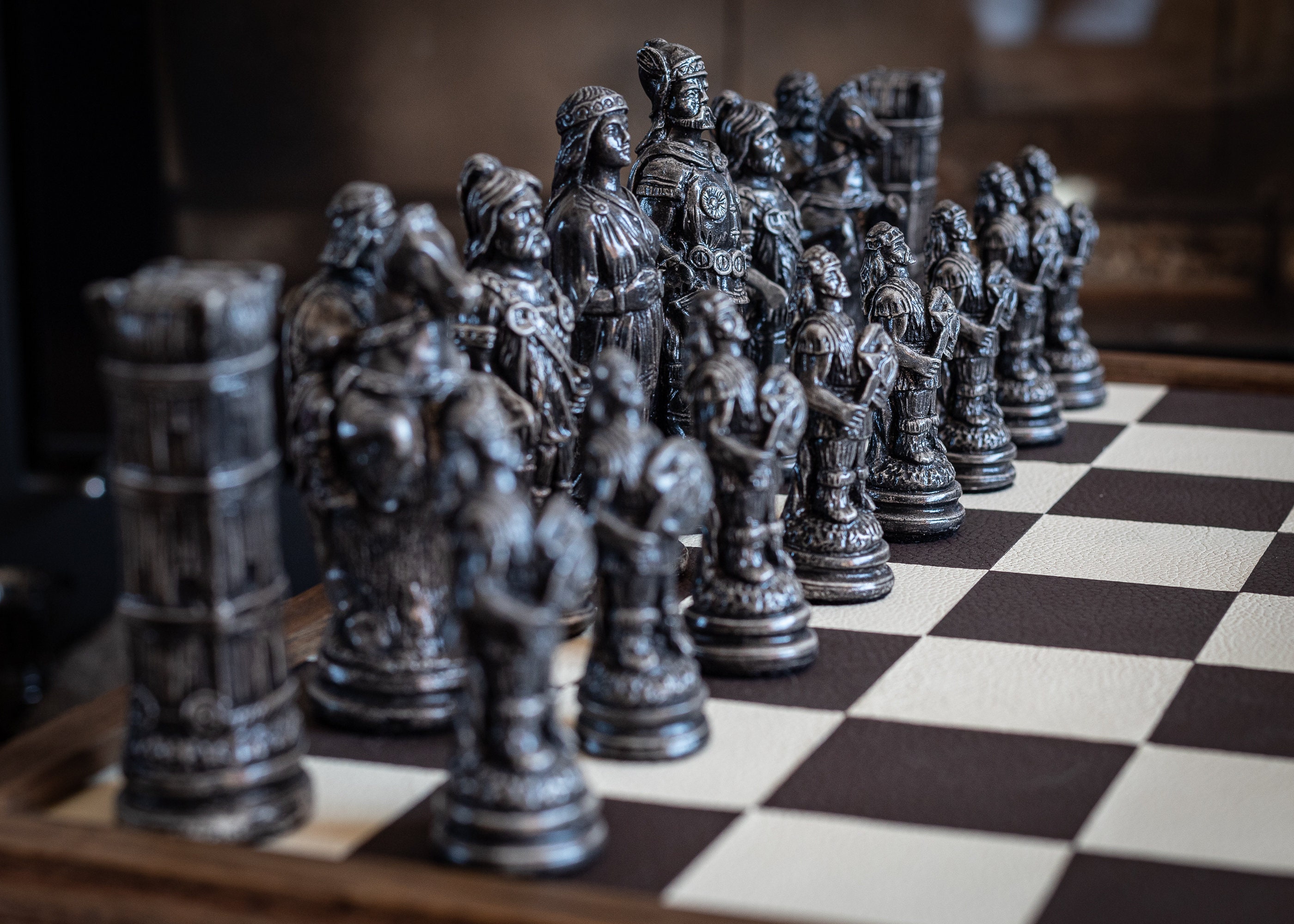 Made to Order Chess Set Viking Design in Black and Mahogany 
