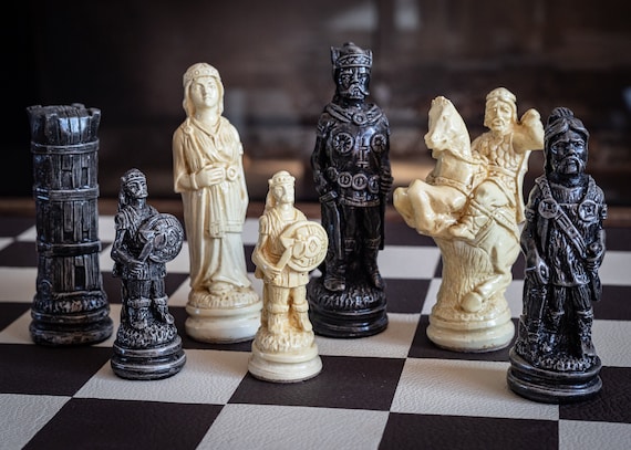 Made to Order Chess Set Viking Design in a Stone and Black. 