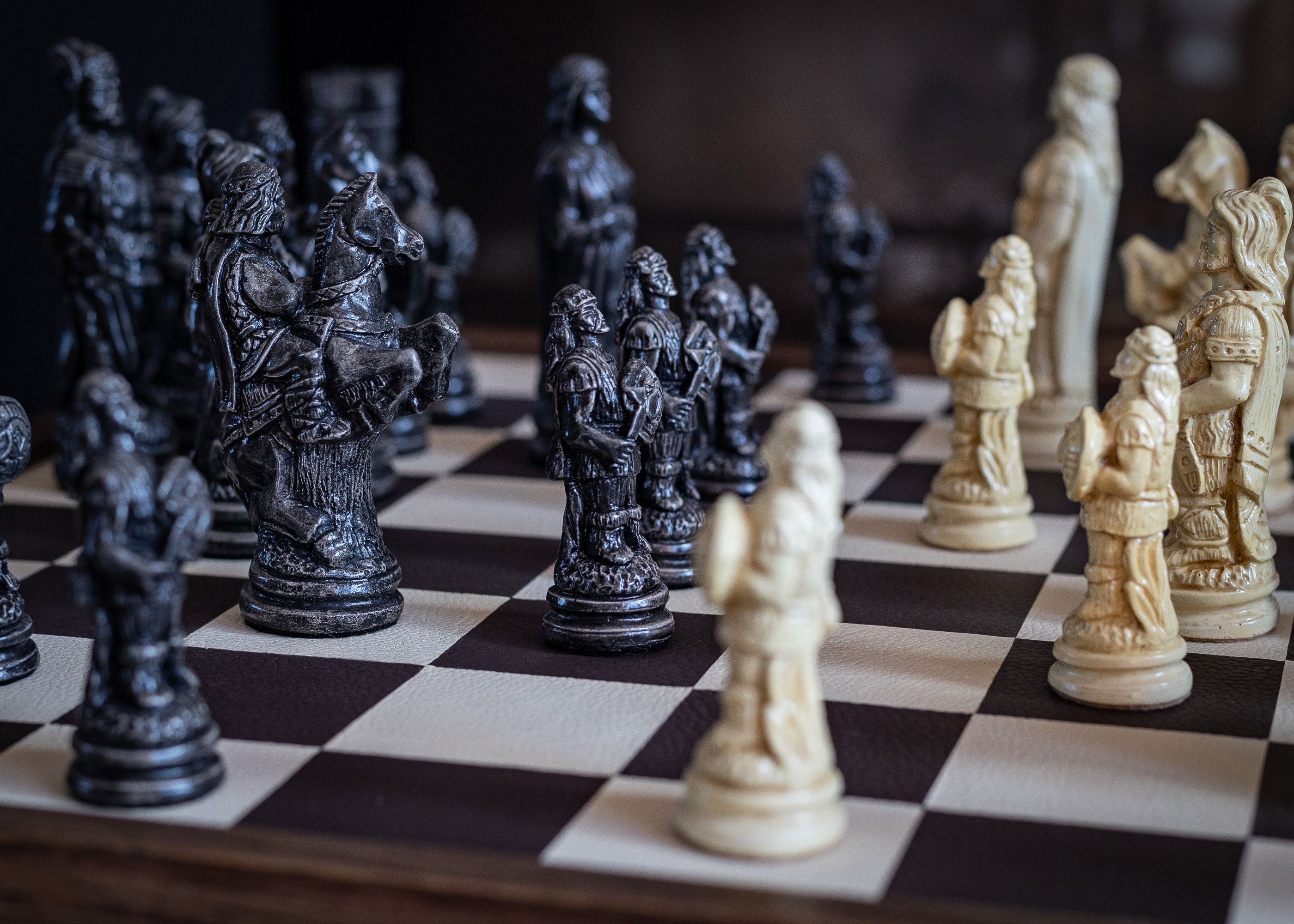 Made to Order Chess Set Viking Design in a Stone and Black.