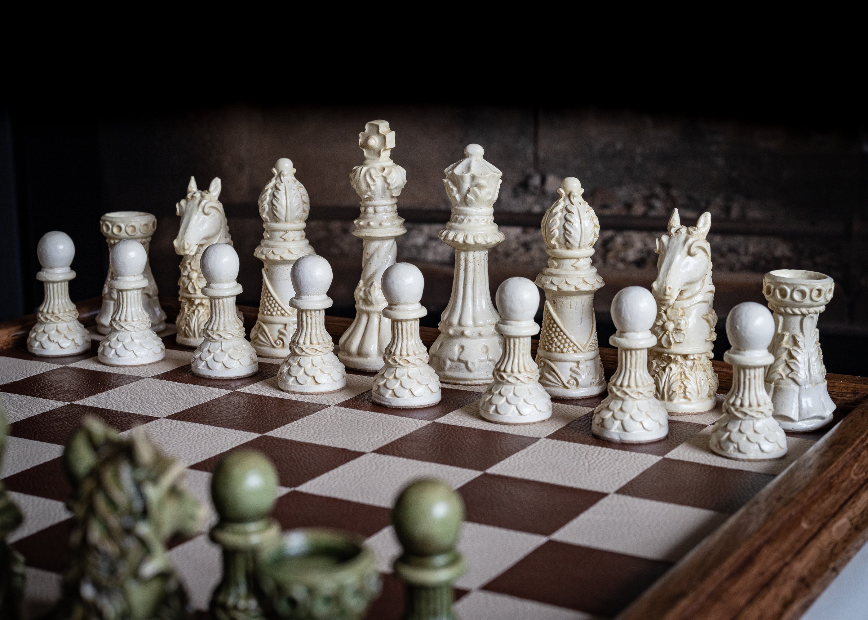 Chess Set Ornate Staunton Design in Stone and Jade Effect. 