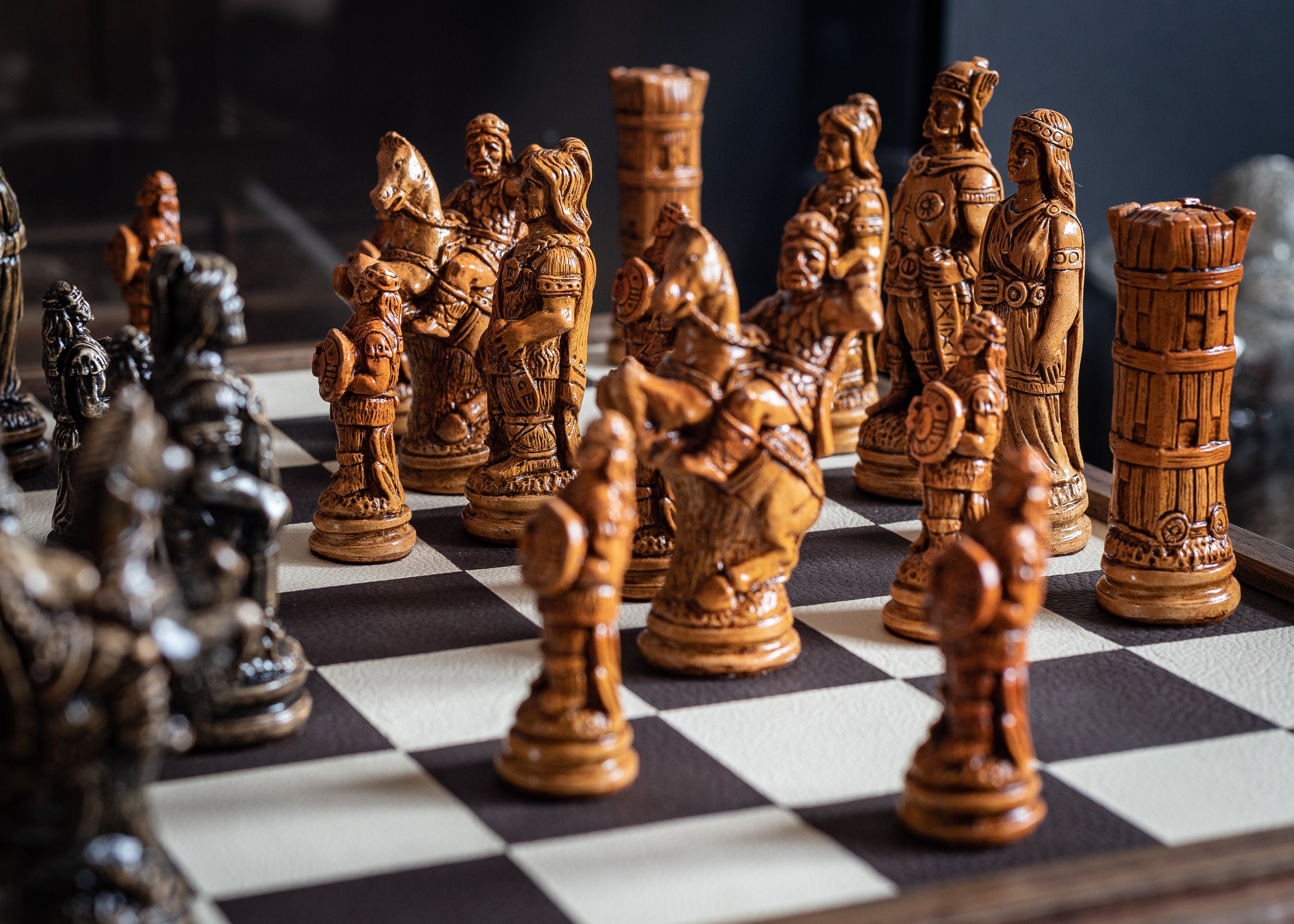 Made to Order Chess Set Viking Design in Black and Mahogany 