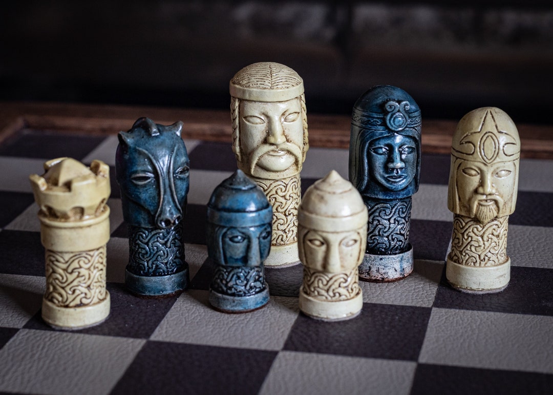 Made to Order – Chess Set, Celtic Design in Aged Blue and Cream Colour ...