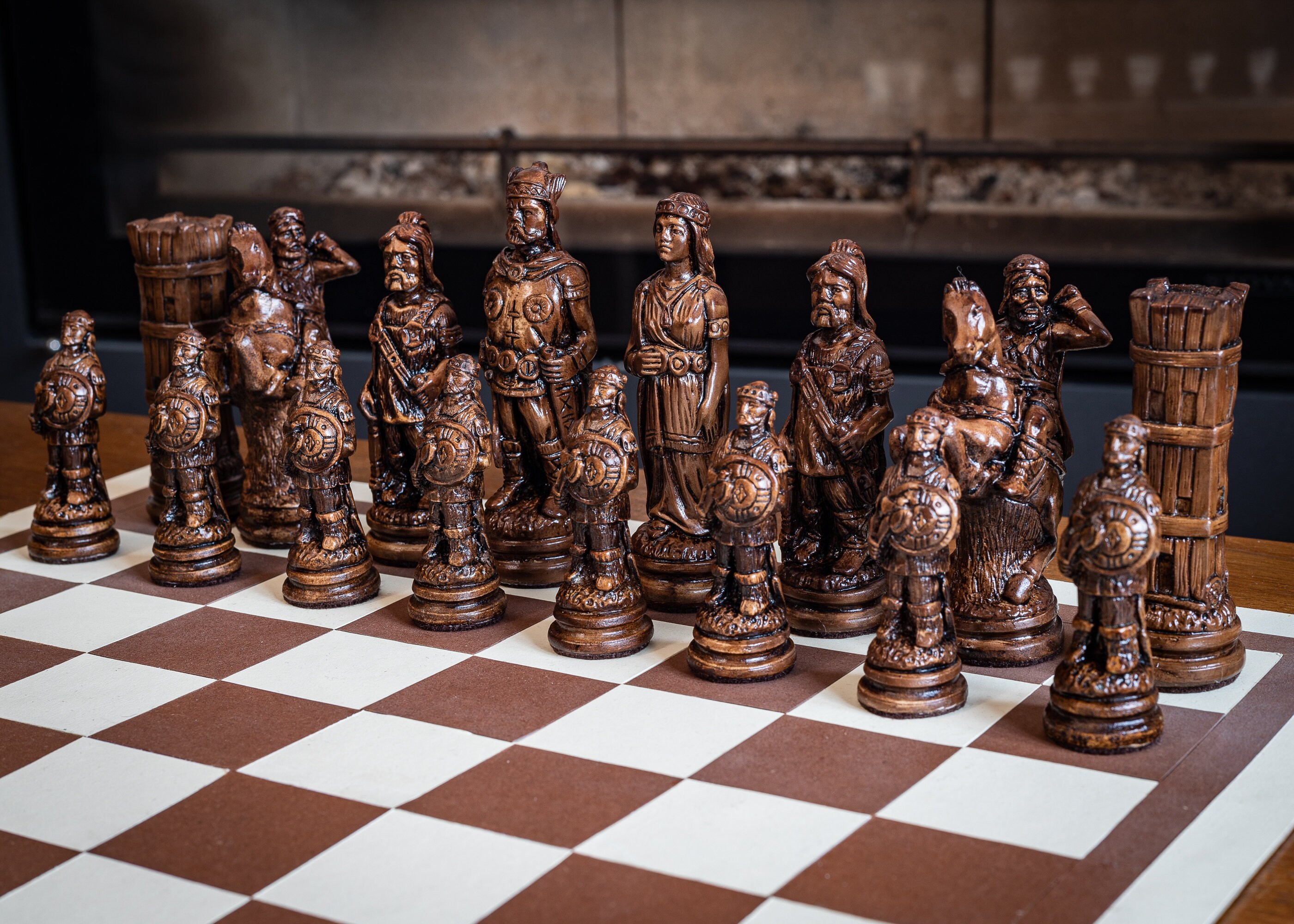 Chess set Viking design in a walnut and oak colour. Etsy