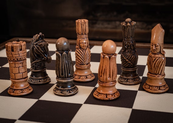 Made to Order Chess Set Viking Design in Black and Mahogany 