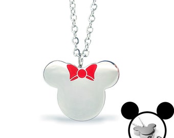 May include: Silver necklace with a silver pendant shaped like Mickey Mouse's head with a red bow. The pendant is a cremation urn.