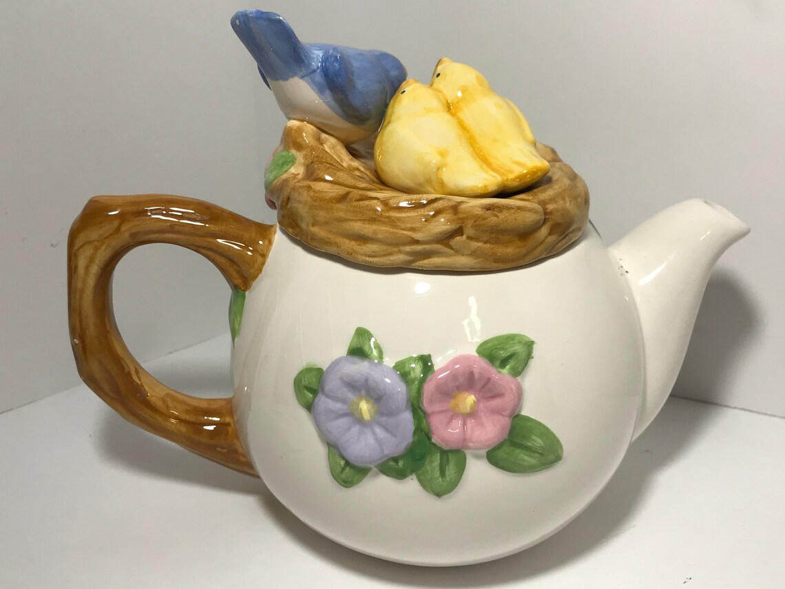 Vintage Teleflora Bird Nest Teapot Blue Bird Very Collectible Etsy