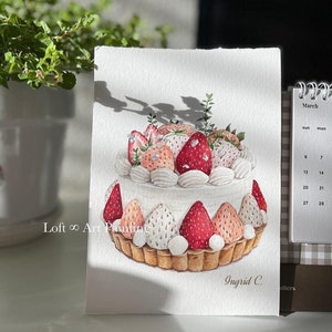 Strawberry Cake Dessert Hand Drawn and Painted with Watercolor on Arches Watercolor Paper - Original Painting (5 x 7 Inches)