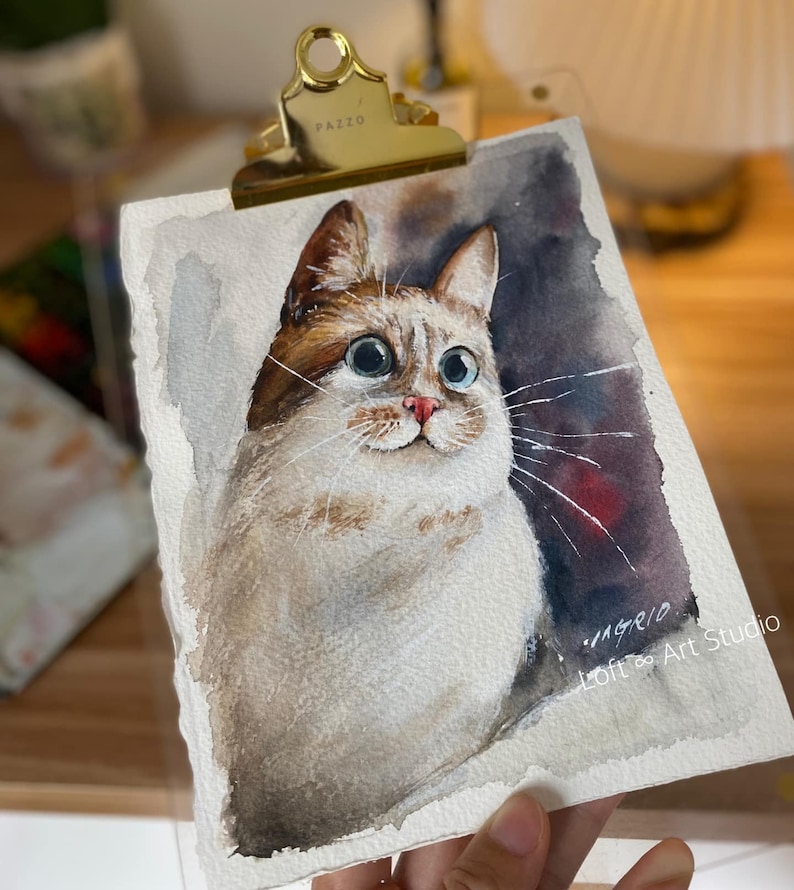 Watercolor Art Painting 8 x 6 Inches Custom Hand Drawn and Painted Pet Cat Photo Portrait