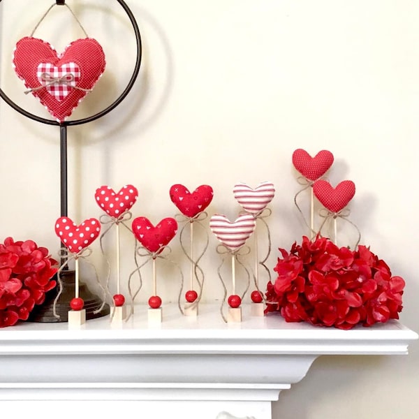 Mother's Day Hearts on Stand, Modern Farmhouse Mantle Shelf Tiered Tray Decor, Mini Fabric Red Pink Hearts, Gift for Her, Valentines Day