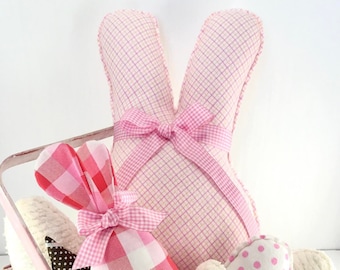 Easter Bunny Pillow, Bunny Ears, Decorative Easter Pillow, Easter Basket, Mantle Decor, Shelf Decor, Pink Plaid Pillow, Easter Throw Pillow