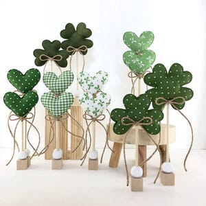 St Patrick's Day Green Mini Hearts on Stand, Shamrock Clover, Stuffed Fabric Tiered Tray Mantle Shelf Decor Ornaments, Heart on Stick