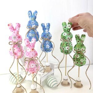 Easter Spring Mini Bunnies on Stand, Farmhouse Stuffed Fabric Rabbit Peeps, Modern Tiered Tray Shelf Mantle, Easter Basket Decor, Gift