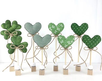 St Patrick's Day Green Mini Hearts on Stand, Shamrock Clover, Stuffed Fabric Tiered Tray Mantle Shelf Decor, Shamrock Clover, Heart on Stick