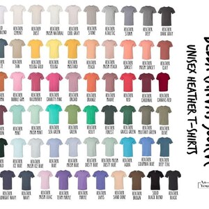 May include: A chart showing 48 different color options for Bella Canvas 3001 Unisex Heather T-shirts. The colors are arranged in rows and columns, with each color having a name label below it.