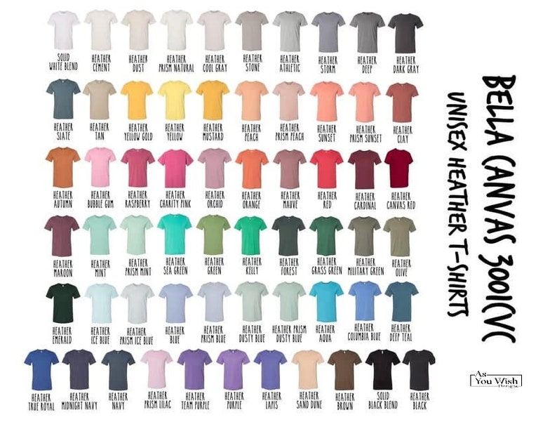 May include: A chart showing 48 different color options for Bella Canvas 3001 Unisex Heather T-shirts. The colors are arranged in rows and columns, with each color having a name label below it.