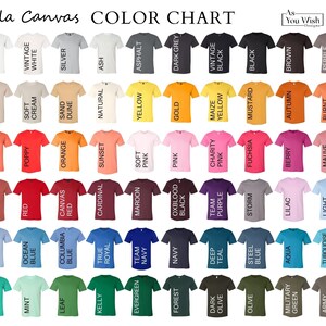 May include: Color chart showing Bella Canvas t-shirt colors. The chart shows 48 different colors, including white, black, red, blue, green, yellow, orange, pink, purple, brown, and gray.