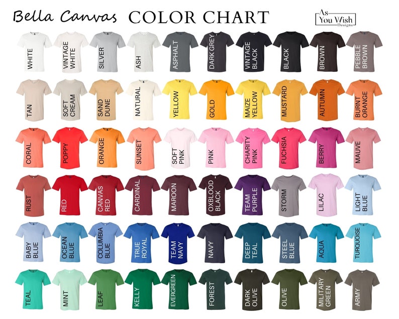 May include: Color chart showing Bella Canvas t-shirt colors. The chart shows 48 different colors, including white, black, red, blue, green, yellow, orange, pink, purple, brown, and gray.